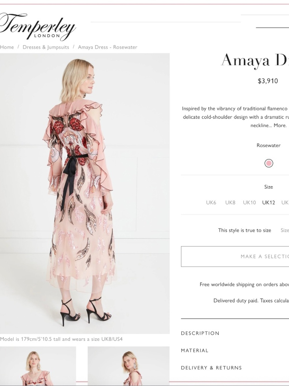 $3910 Temperley London ‘Amaya’ Embellished Rosewater Ruffle Runway Midi Dress - Picture 6 of 15
